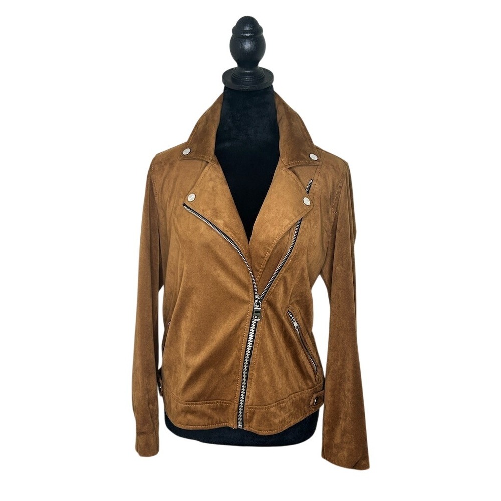LOFT Moto Jacket Womens Medium Petite Tan‎ Camel Asym Zip Biker - Picture 6 of 10